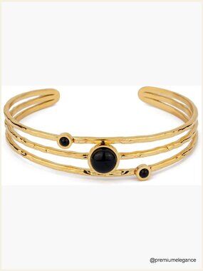 Natural Stone Cuff Bracelet 18k Gold Plated Adjustable Open Design